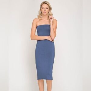 Strapless Basic Tube Midi Dress w/Back Slit- Dusty Blue